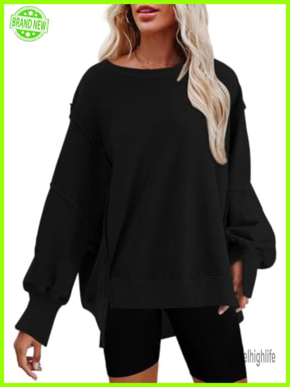 Oversized Reverse Seam Crewneck Sweatshirt Long Sleeve Split Hem